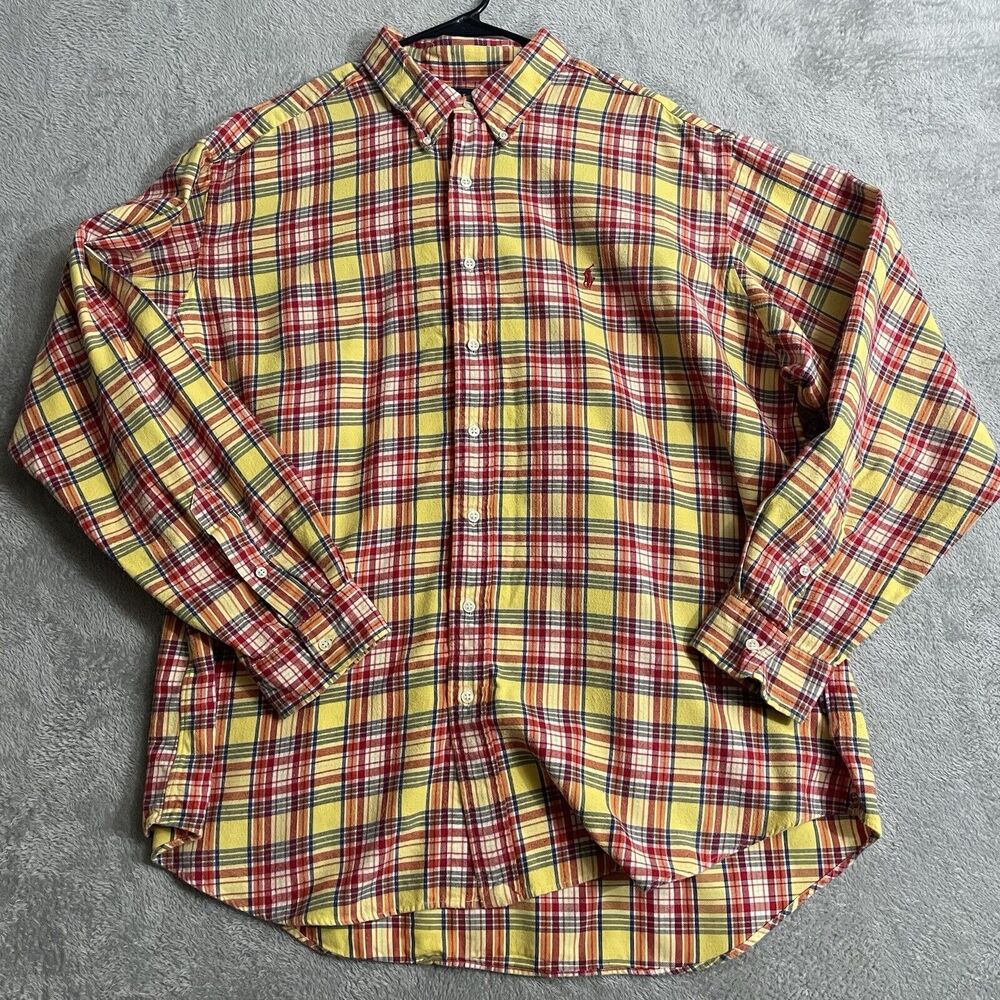 Vintage Polo Ralph Lauren Flannel Shirt Mens XXL Yellow Red Plaid Classic Fit